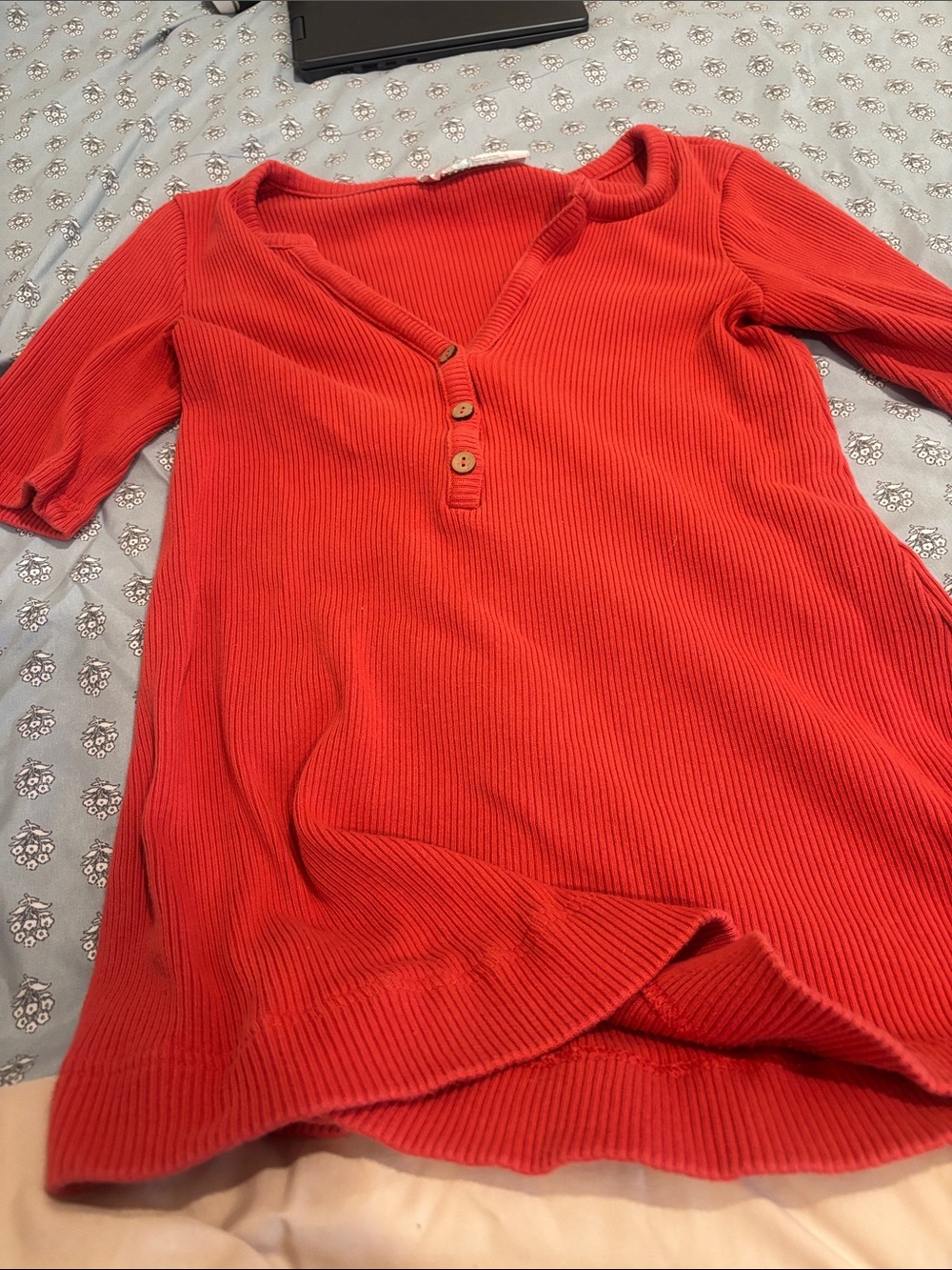 Free People Red Ribbed Short Sleeve Henley Tee